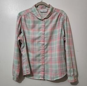 Catherine Carr Pastel Plaid Vintage Long Sleeve Button Down Shirt Pink Mint